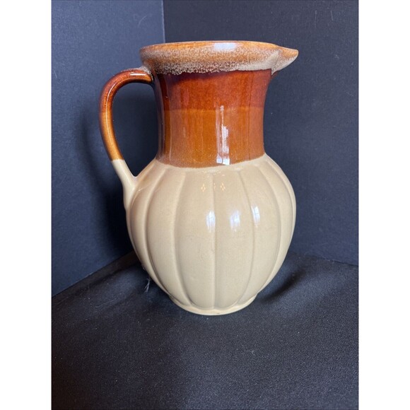 Vintage Drip Glaze Ceramic Pitcher Mid Century Retro Farmhouse Vase Brown Tan 7" - Picture 4 of 10